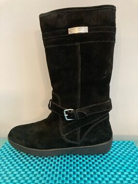 Coach Black Suede Mid-Calf Heeled Boots with Buckle Accent Women Size 8.5